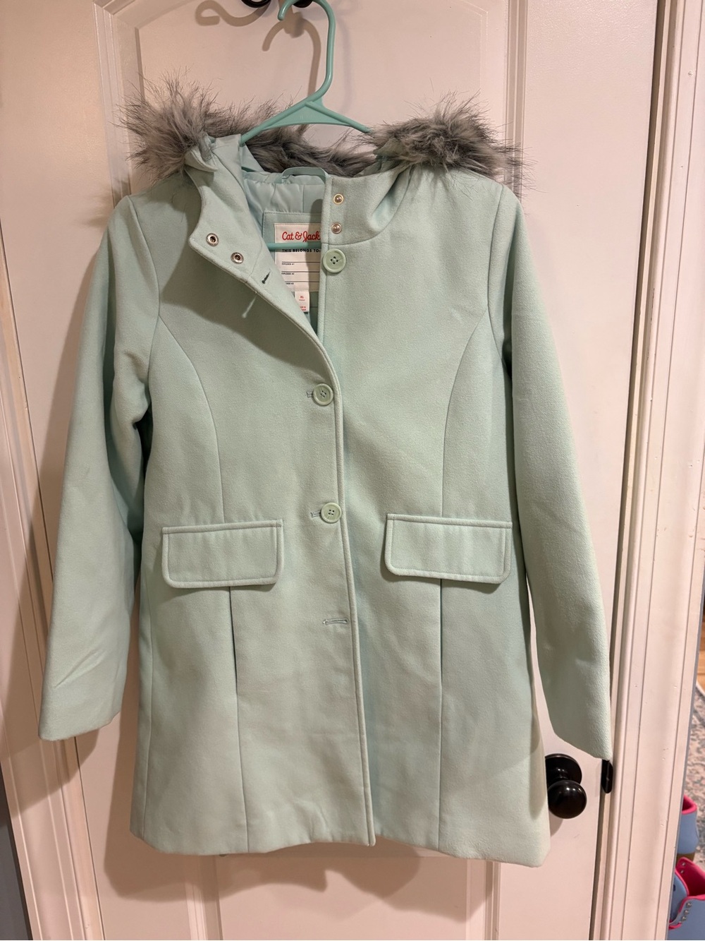 Cat & Jack Mint Hooded Pea Coat with Faux Fur Trim